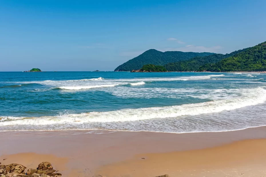 Uma vista deslumbrante da Praia de Bertioga, com o mar azul, areia dourada e coqueiros ao longo da orla